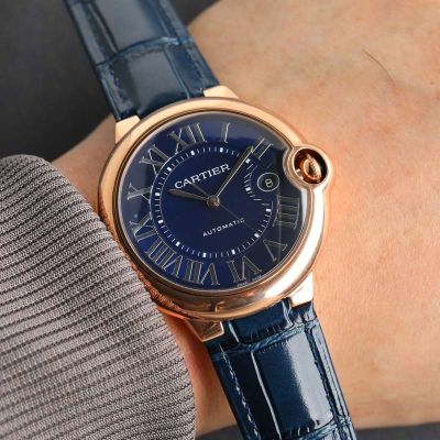 Cartier 18K Gold 42MM Mechanical Movement Crocodile Leather Bracelet Blue Men's Watch